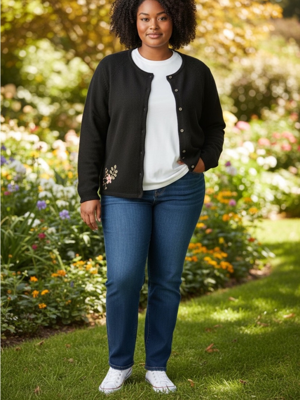 J Jill Black Button-Front Wool Cardigan with Embroidery on front & back sz xl